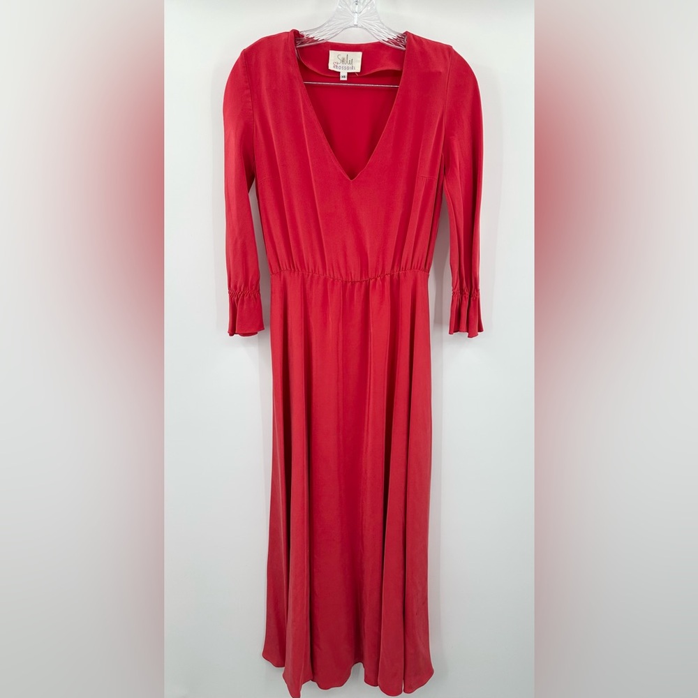 Soler x Arossgirl Red 100% Silk 3/4‎ Sleeve Midi Dress Size XS Women's